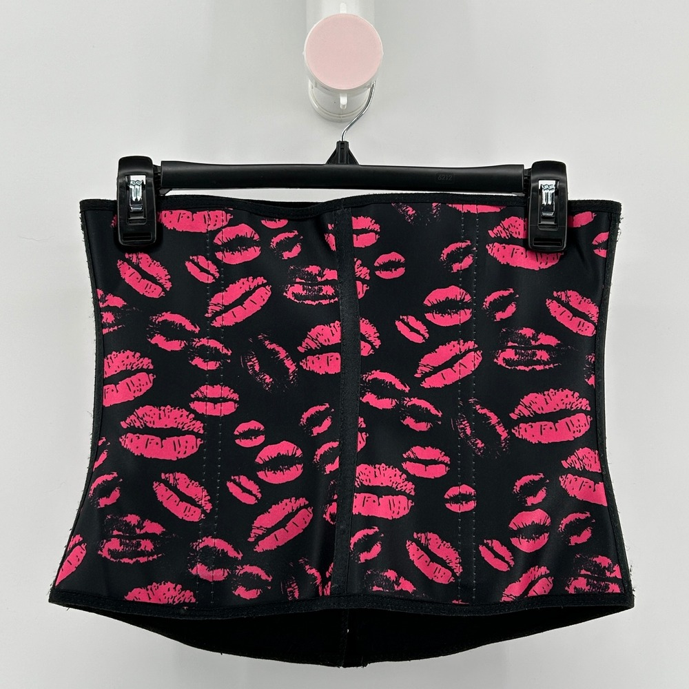 Black Pink Lips Waist Trainer Cincher Body Shaper Medium Corset Goth Burlesque